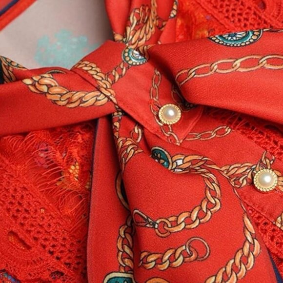 Luxury Elegant Midi Dress Red Red Floral & Chain Print SZ S M Tall Pleated Skirt - Picture 4 of 9